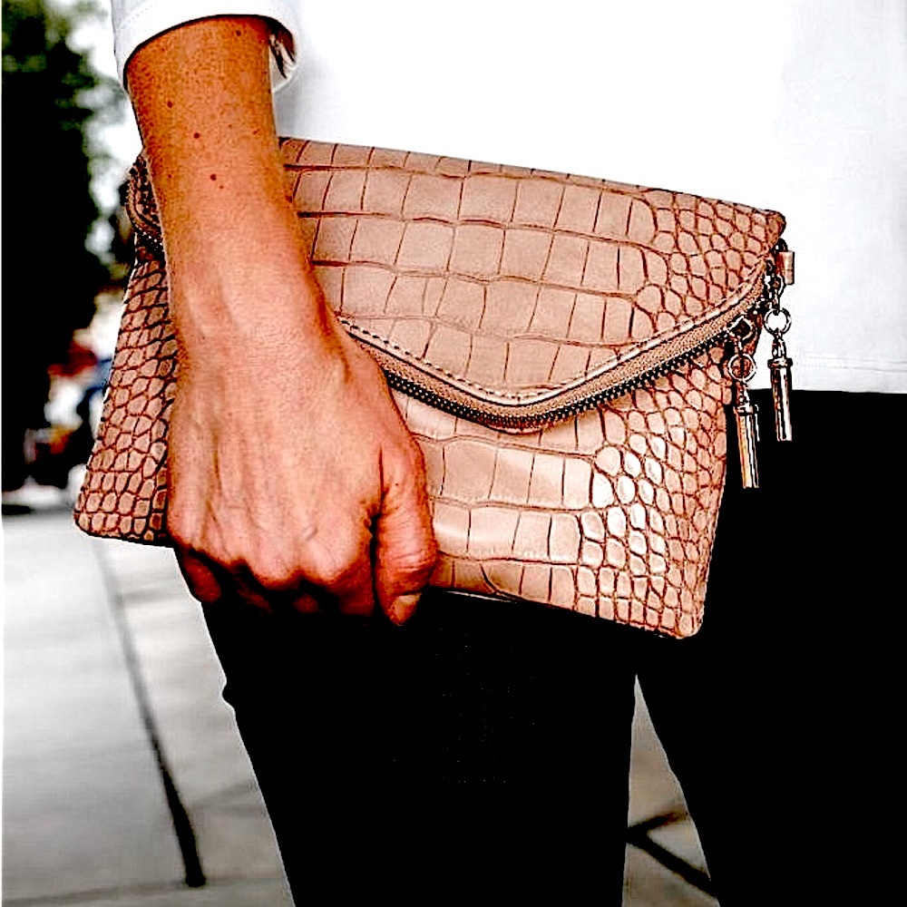 Henri Bendel Tan Croc Embossed Leather Clutch Crossbody